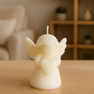 Vela artesanal en forma de ángel sosteniendo un corazón, color marfil y aroma vainilla.