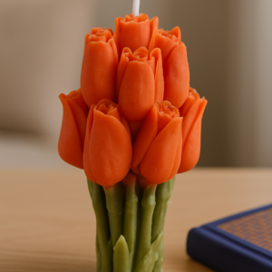 Vela ramo de tulipanes color coral de cera de soja sin fragancia