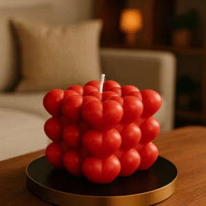 Vela decorativa roja en forma de cubo de corazones - Luz de Costa
