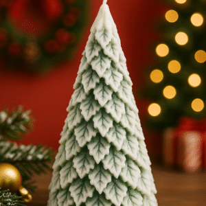 Vela árbol de Navidad hojas nevadas de cera de soja, 9,5 cm, verde y blanco – Luz de Costa