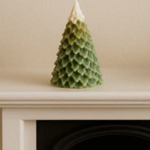 Vela artesanal en forma de árbol navideño verde con punta blanca y textura escarchada, hecha en cera de soja.