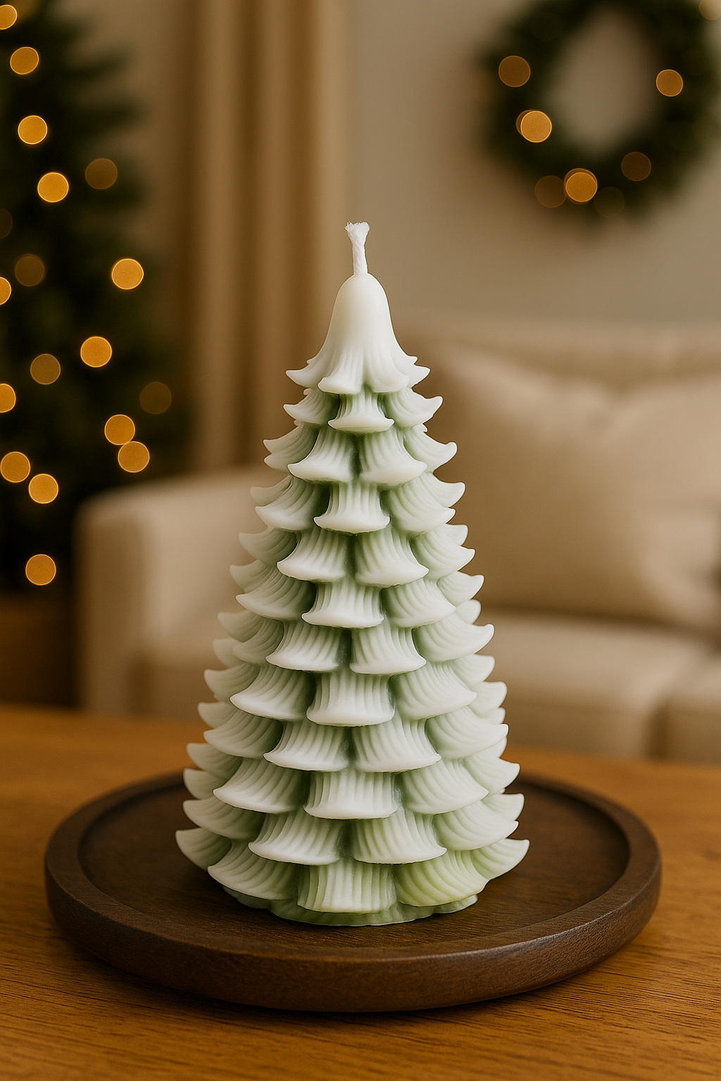 Árbol Navideño Hojas Invernales – Luz de Costa Vela artesanal en forma de árbol navideño bicolor blanco y verde de Luz de Costa.