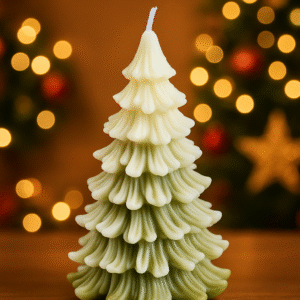Vela artesanal en forma de árbol navideño, bicolor blanco y verde, hecha con cera de soja. Producto Luz de Costa.