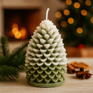 Vela artesanal en forma de piña nevada, cera de soja verde y blanca